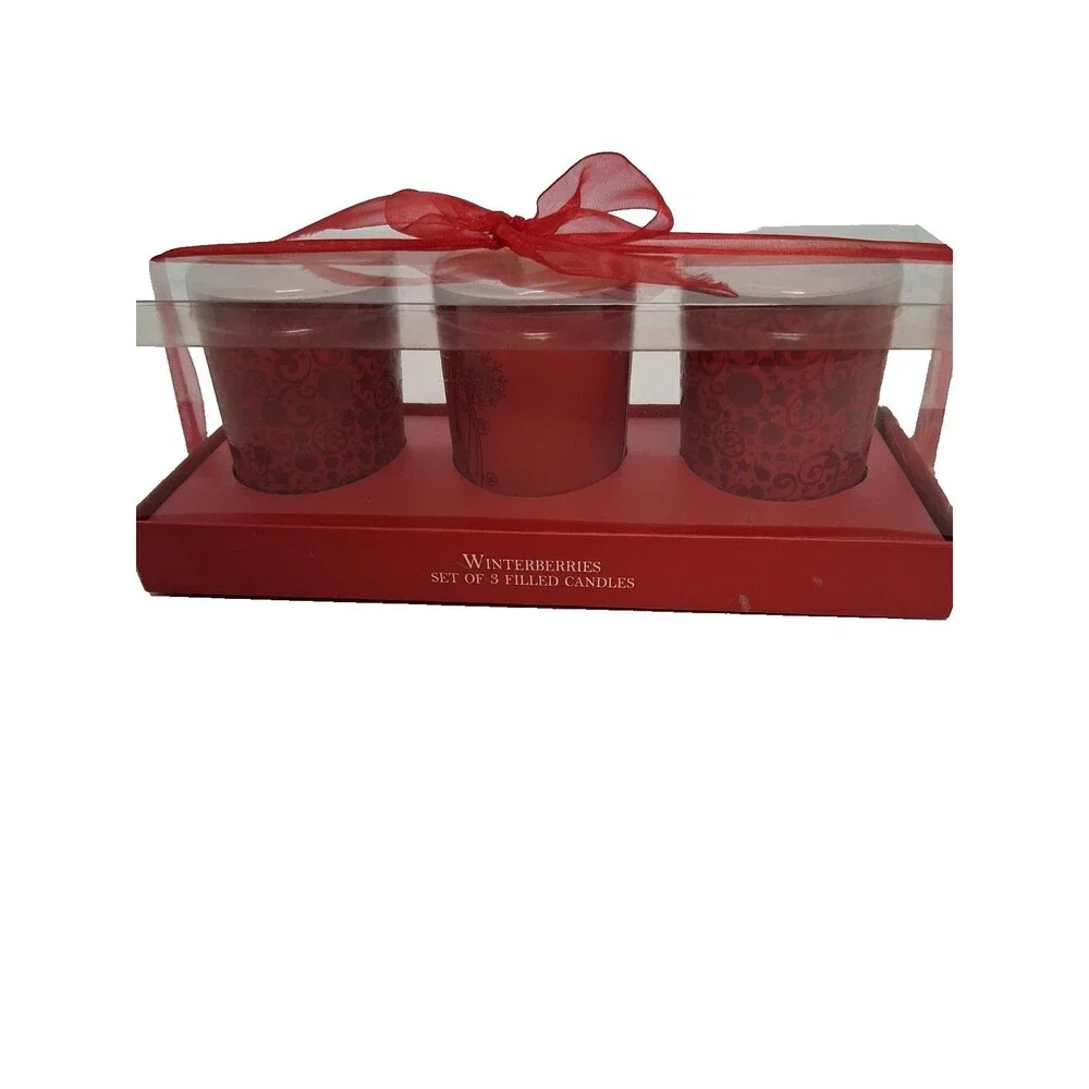 WinterBerries Set of  3 Red Votives BOXED Filled CHRISTMAS CANDLES New